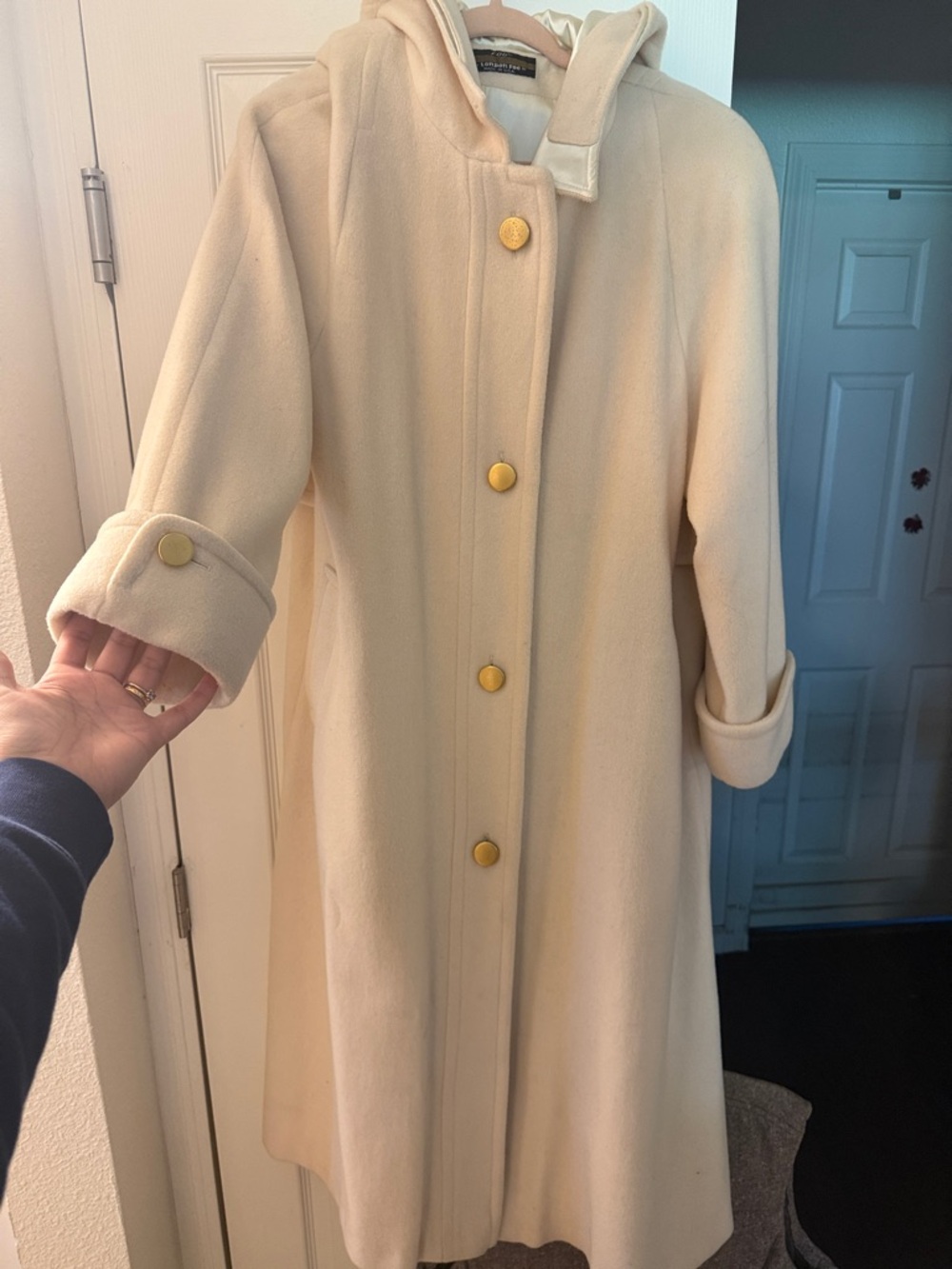 London Fog Cream Hooded Coat with Gold Trim Label